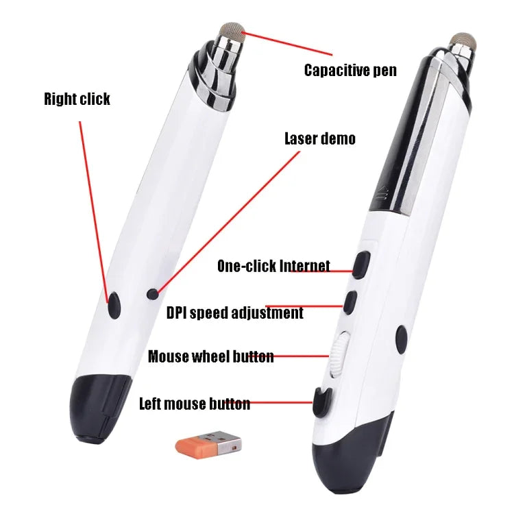 PR-08 Caneta Eletrónica para Quadro Branco Sem Fios 2.4G com 6 Teclas e 1600DPI, Caneta Multi-funções Mouse PPT Flip, Branco, Vermelho, Azul, Preto, Cinzento Prateado