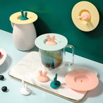 Tampa de Copo de Silicone em Forma de Orelhas de Coelho, Tampa de Vedação para Caneca Desenho Animado, Tampa à Prova de Pó e de Fugas, Amarelo, Verde, Rosa