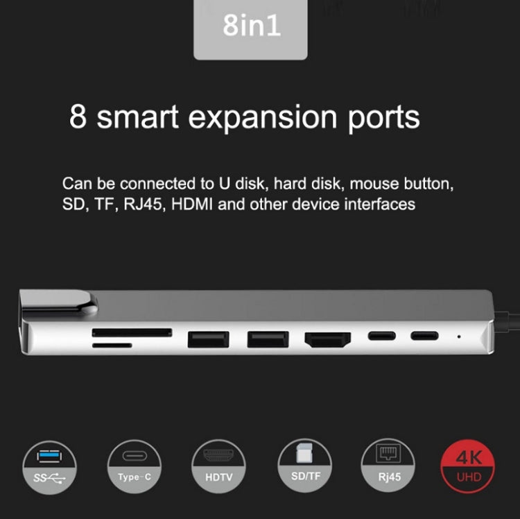 Estação de Acoplamento HUB WC7367 8 em 1 87W Tipo-C para PD+USB3.0/USB2.0+SD+TF+HDMI+RJ45+Tipo-C, WC7367