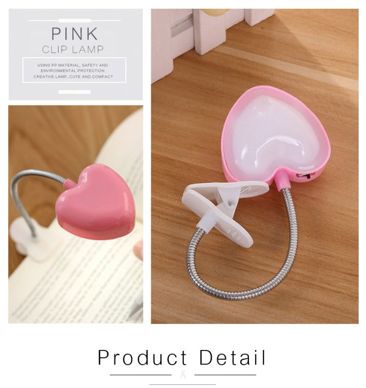 Mini candeeiro de livro LED com clip em forma de coração, luz de leitura para secretária, luz para teclado, proteção ocular, poupança de energia, luzes noturnas, rosa, amarelo, azul