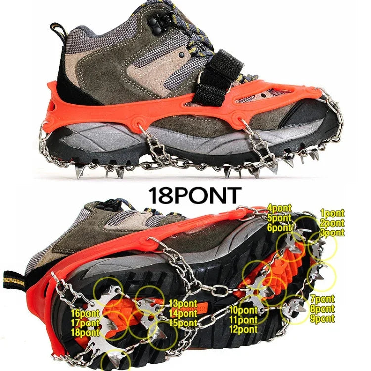 Crampons de 18 Dentes em Aço Inoxidável 430 para Campismo ao Ar Livre, Picos para Sapatos de Caminhada na Neve, Capas de Sapato Antiderrapantes, Tamanho:, 18 Dentes M (Laranja), 18 Dentes L (Preto)