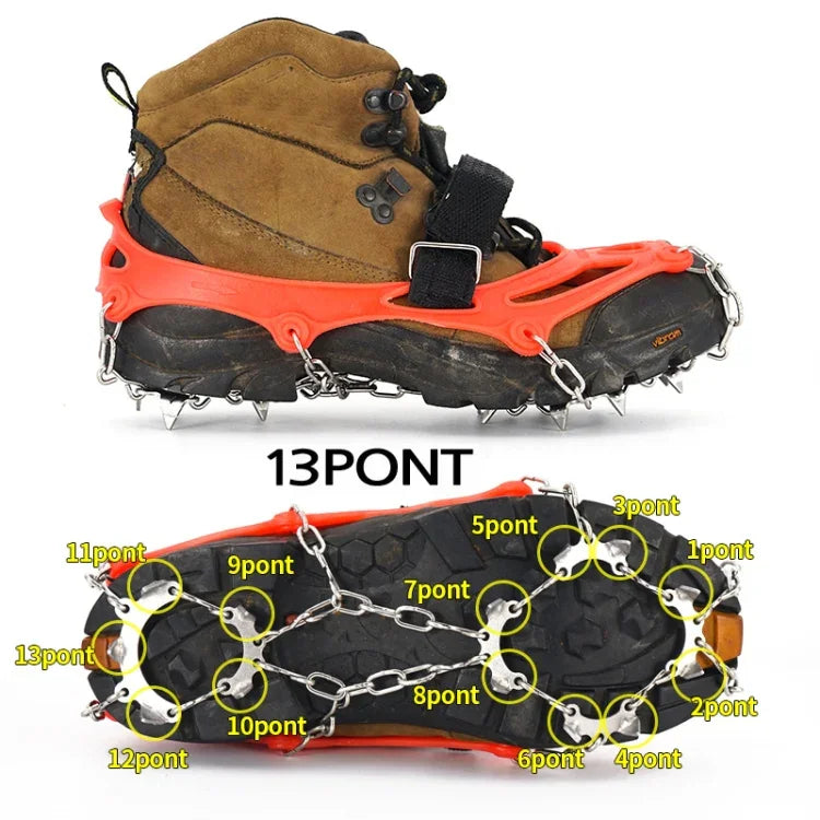 Crampons de Montanhismo em Aço Inoxidável com 13 Dentes para Campismo ao Ar Livre, Capas de Sapato Antiderrapantes, Tamanho:, 13 Dentes M (Laranja)