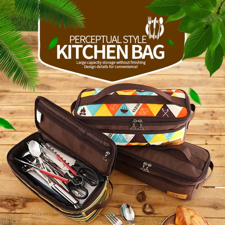 Bolsa de Armazenamento para Utensílios de Cozinha de Camping ao Ar Livre CLS, Bolsa para Talheres de Churrasco, Bolsa de Viagem Portátil para Artigos de Higiene, Castanha, Risca, Cor