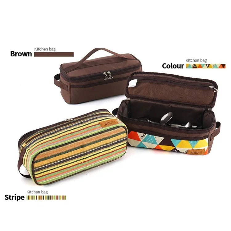 Bolsa de Armazenamento para Utensílios de Cozinha de Camping ao Ar Livre CLS, Bolsa para Talheres de Churrasco, Bolsa de Viagem Portátil para Artigos de Higiene, Castanha, Risca, Cor