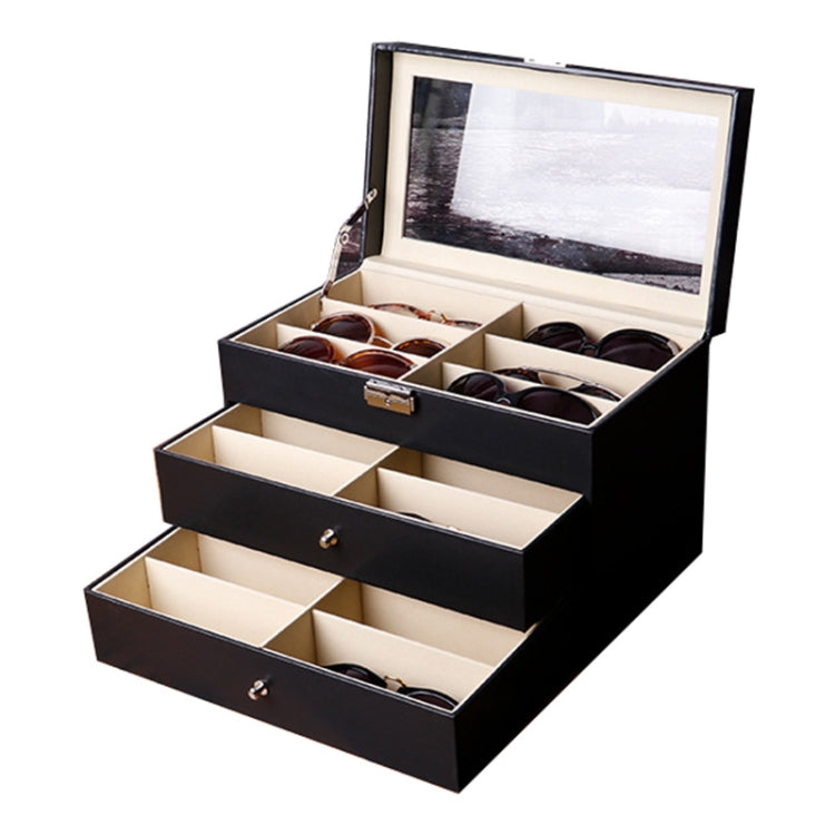 Estojo para Óculos de 18 Divisórias com Três Camadas, Personalizado em Couro PU, Caixa de Armazenamento e Exposição para Óculos de Sol, Tamanho: 33,5x19,5x22,5 cm