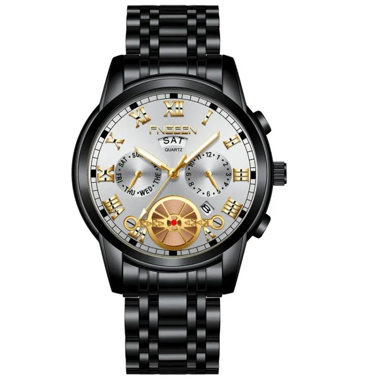 Relógio Não Mecânico Multifuncional Masculino FNGEEN 4001 Relógio de Quartzo, Mostrador Branco Aço Preto com Pregos Dourados, Mostrador Preto Dourado com Correia de Couro Castanha