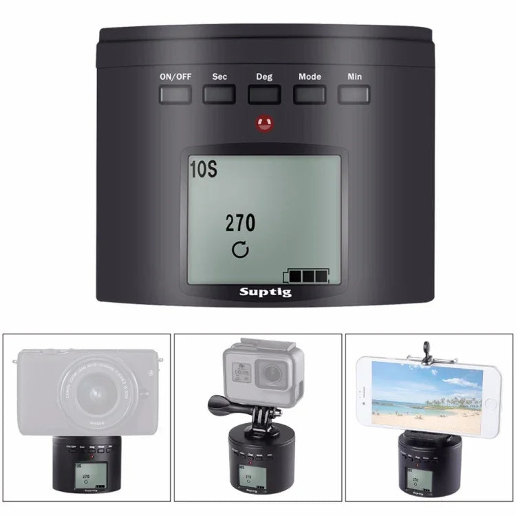 Adaptador de Tripé Estabilizador de Time Lapse com Cabeça Panorâmica de 360 Graus e Motor Suptig RSX-350 para GoPro HERO9 /8 /7 /6 /5 /5 Session /4 Session /4 /3+ /3 /2 /1, Xiaoyi e Outras Câmaras de Ação