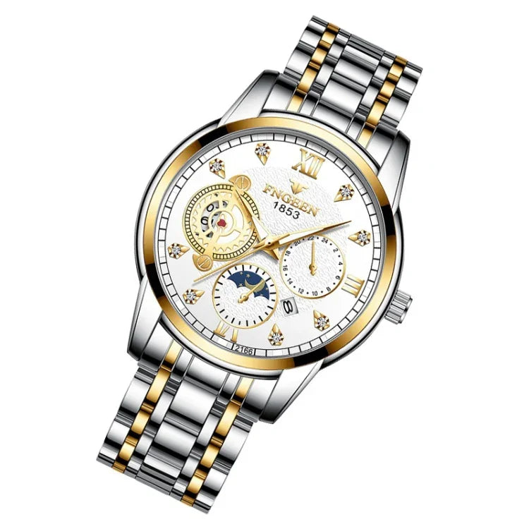 FNGEEN 2166 Men Three-eye Hollow Quartz Watch Student Sports Electronic Watch, Black Steel Black Surface Gold Nails, Between Gold Black Surface, Between Gold Blue Surface, Between Gold White Surface, White Steel White Surface, White Steel Blue Surface