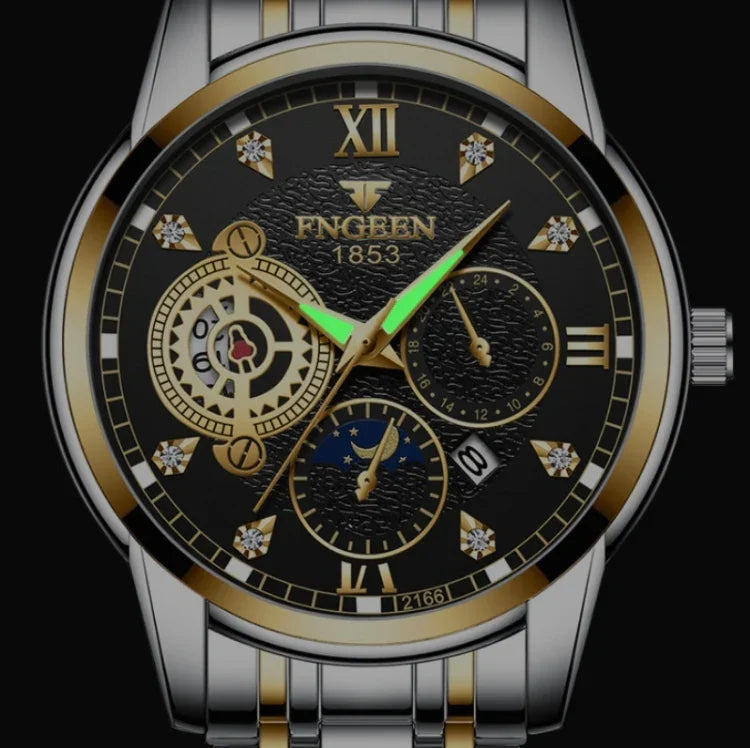 FNGEEN 2166 Men Three-eye Hollow Quartz Watch Student Sports Electronic Watch, Black Steel Black Surface Gold Nails, Between Gold Black Surface, Between Gold Blue Surface, Between Gold White Surface, White Steel White Surface, White Steel Blue Surface