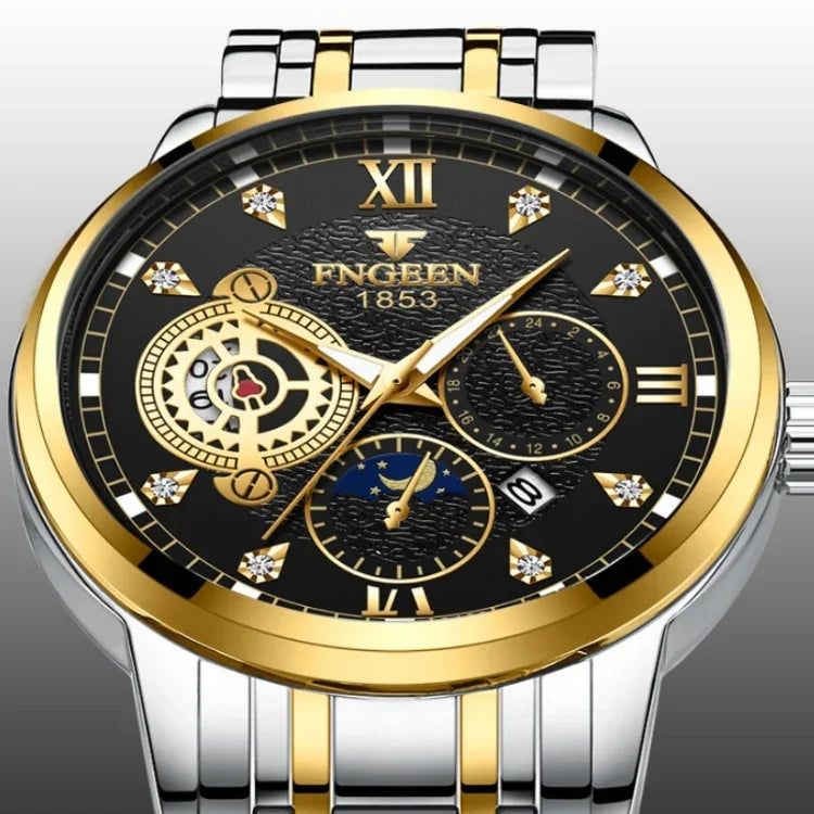 FNGEEN 2166 Men Three-eye Hollow Quartz Watch Student Sports Electronic Watch, Black Steel Black Surface Gold Nails, Between Gold Black Surface, Between Gold Blue Surface, Between Gold White Surface, White Steel White Surface, White Steel Blue Surface