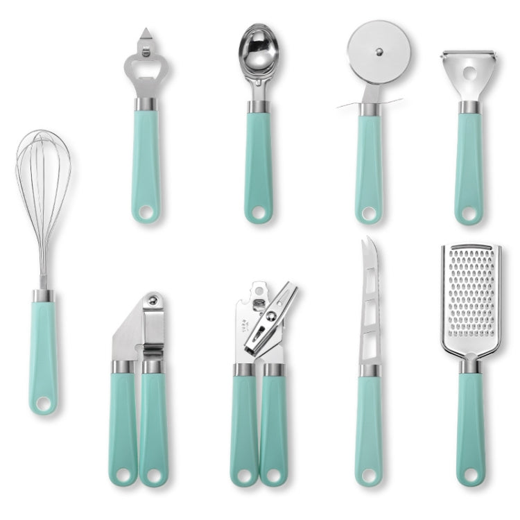 Conjunto de Utensílios de Cozinha em Aço Inoxidável com Cabo de Plástico 9 em 1, Ciano, Preto
