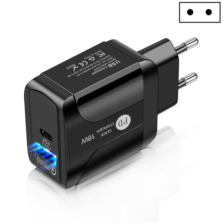 Adaptador de Energia de Viagem de Carregamento Rápido 18W PD + QC 3.0 com Função de Indicação LED, Ficha UE Preto, Ficha EUA Preto, Ficha UK Preto, Ficha UE Branco, Ficha EUA Branco, Ficha UK Branco