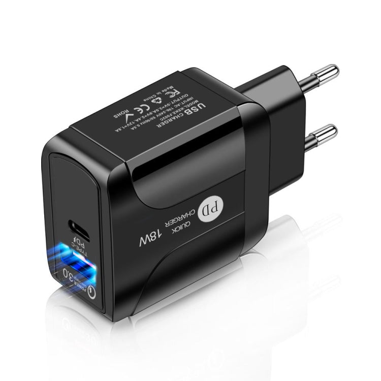 Adaptador de Energia de Viagem de Carregamento Rápido 18W PD + QC 3.0 com Função de Indicação LED, Ficha UE Preto, Ficha EUA Preto, Ficha UK Preto, Ficha UE Branco, Ficha EUA Branco, Ficha UK Branco