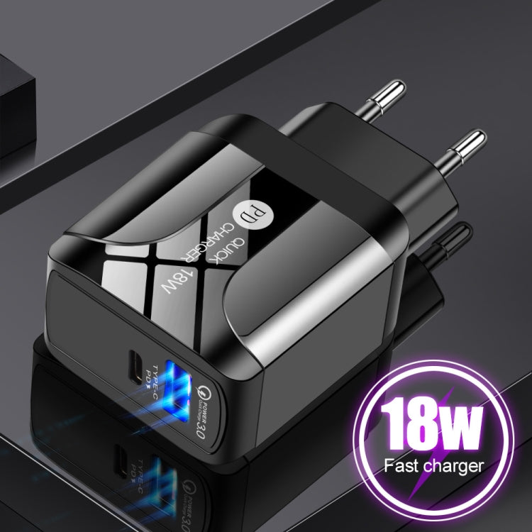 Adaptador de Energia de Viagem de Carregamento Rápido 18W PD + QC 3.0 com Função de Indicação LED, Ficha UE Preto, Ficha EUA Preto, Ficha UK Preto, Ficha UE Branco, Ficha EUA Branco, Ficha UK Branco