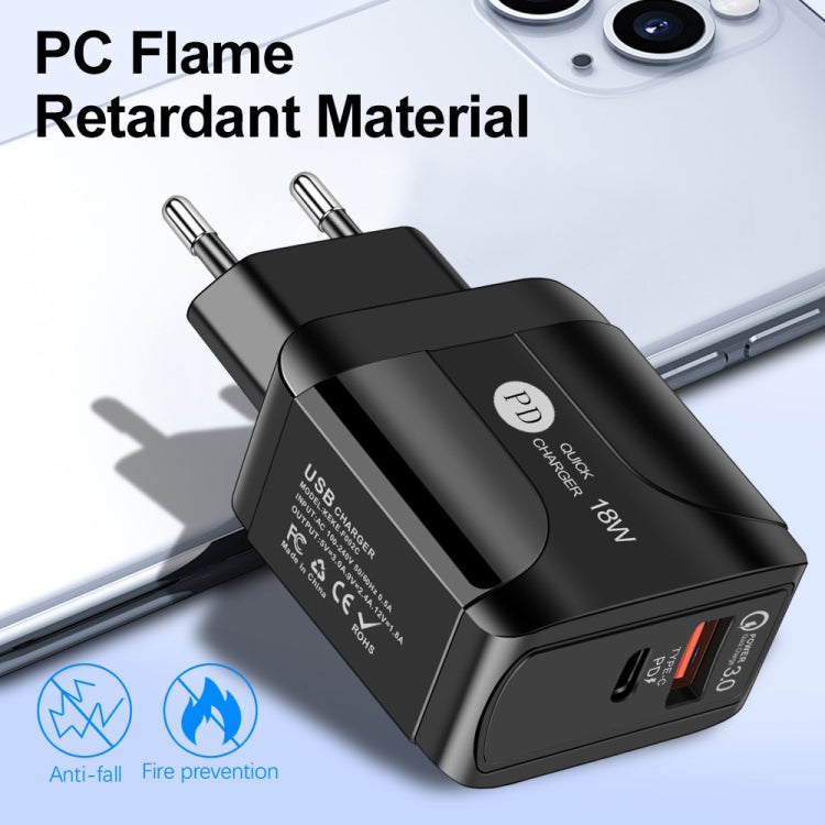 Adaptador de Energia de Viagem de Carregamento Rápido 18W PD + QC 3.0 com Função de Indicação LED, Ficha UE Preto, Ficha EUA Preto, Ficha UK Preto, Ficha UE Branco, Ficha EUA Branco, Ficha UK Branco