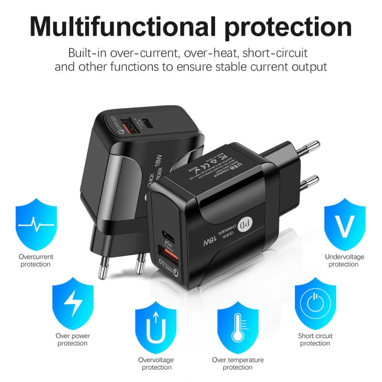 Adaptador de Energia de Viagem de Carregamento Rápido 18W PD + QC 3.0 com Função de Indicação LED, Ficha UE Preto, Ficha EUA Preto, Ficha UK Preto, Ficha UE Branco, Ficha EUA Branco, Ficha UK Branco