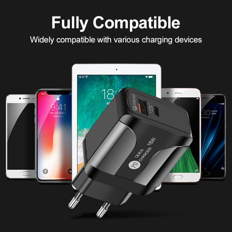 Adaptador de Energia de Viagem de Carregamento Rápido 18W PD + QC 3.0 com Função de Indicação LED, Ficha UE Preto, Ficha EUA Preto, Ficha UK Preto, Ficha UE Branco, Ficha EUA Branco, Ficha UK Branco