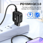 Adaptador de Energia de Viagem de Carregamento Rápido 18W PD + QC 3.0 com Função de Indicação LED, Ficha UE Preto, Ficha EUA Preto, Ficha UK Preto, Ficha UE Branco, Ficha EUA Branco, Ficha UK Branco