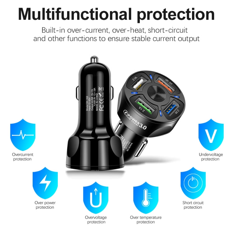 BK-358 3A QC3.0 4USB Car Charger One For Four Mobile Phone Car Charger, Black, White