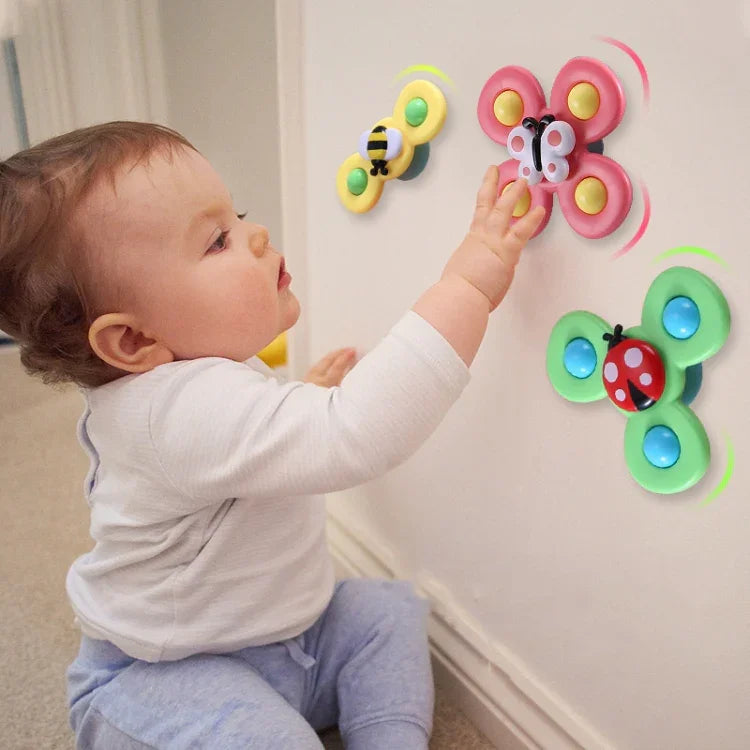 Brinquedo de Banho para Bebé Giratório 3 em 1 com Chocalho, Inseto de Três Cores, Girador de Ponta de Dedo