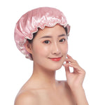 Touca de Banho Impermeável Dupla Colorida em Cetim para Mulheres, Espessa e Bonita, Rosa, Dourado, Cinzento