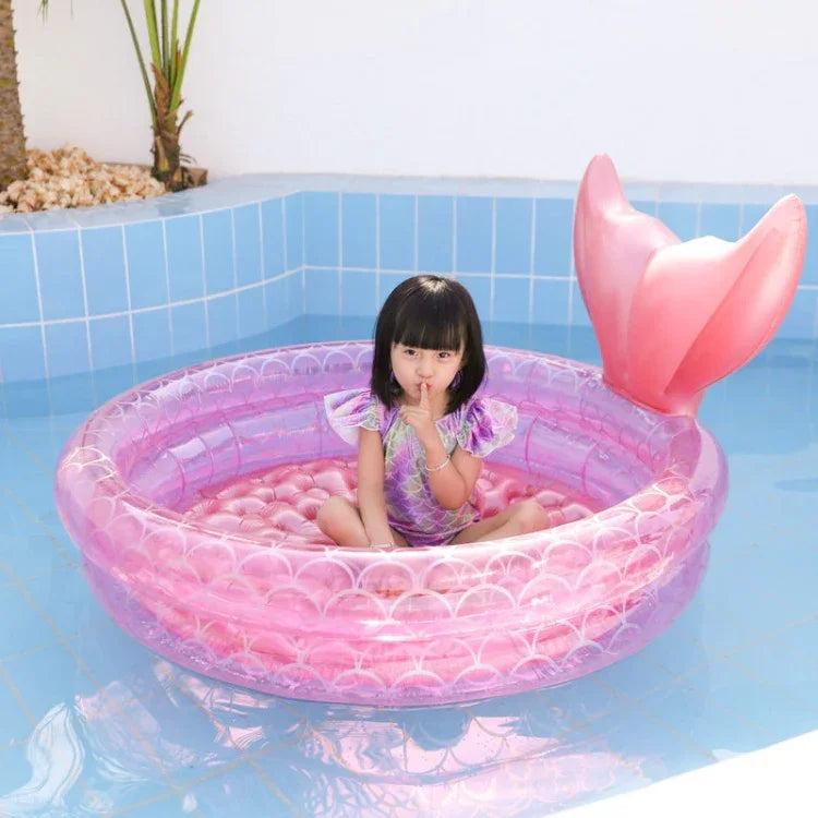 Piscina Insuflável em Forma de Sereia para Casa, Crianças e Bebés, Almofada de Ar Flutuante Redonda Cor-de-Rosa, 90cm, 120cm, 150cm