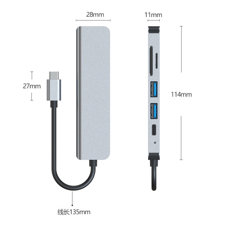 Estação de Acoplamento HUB Multifuncional 6 em 1 USB-C / Tipo-C para HDMI 4K + Leitor de Cartões SD / TF + Carregamento PD USB-C / Tipo-C + 2 Portas USB 3.0, 6 em 1