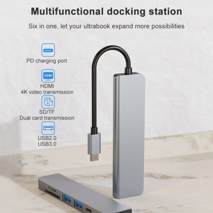 Estação de Acoplamento HUB Multifuncional 6 em 1 USB-C / Tipo-C para HDMI 4K + Leitor de Cartões SD / TF + Carregamento PD USB-C / Tipo-C + 2 Portas USB 3.0, 6 em 1