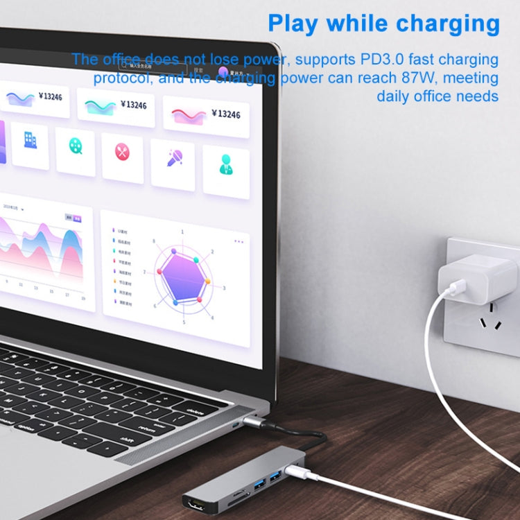 Estação de Acoplamento HUB Multifuncional 6 em 1 USB-C / Tipo-C para HDMI 4K + Leitor de Cartões SD / TF + Carregamento PD USB-C / Tipo-C + 2 Portas USB 3.0, 6 em 1