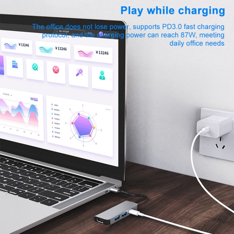 Estação de Acoplamento HUB Multifuncional BYL-2011 4 em 1 USB-C / Tipo-C para HDMI 4K + USB 3.0 + USB 2.0 + Portas de Carregamento PD USB-C / Tipo-C, 4 em 1