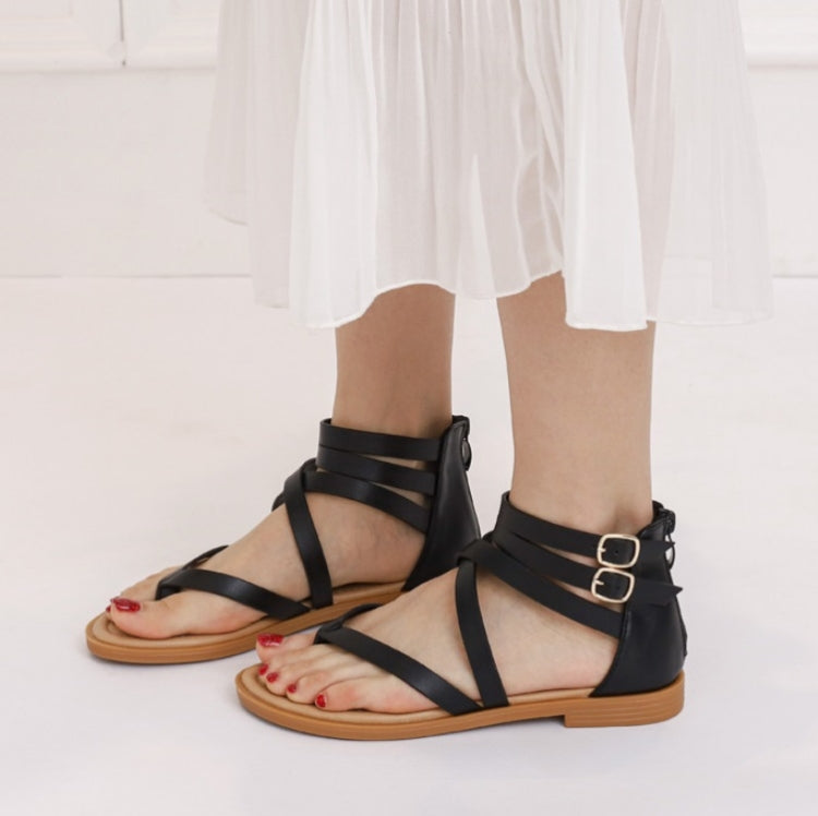 Sandálias de Verão para Senhora com Tiras Cruzadas Estilo Romano Sapatos Retro de Salto Baixo, 36, 37, 38, 39, 40, 41, 42
