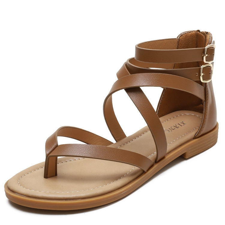Sandálias de Verão para Senhora com Tiras Cruzadas Estilo Romano Sapatos Retro de Salto Baixo, 36, 37, 38, 39, 40, 41, 42
