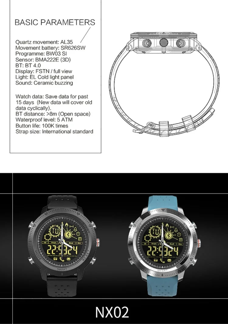 NX02 Smartwatch Desportivo IP67 à Prova de Água Suporte Rastreador de Calorias Pedómetro Smartwatch Cronómetro Lembrete de Chamadas e SMS
