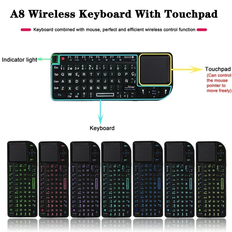 Mini rato e teclado sem fios A8 com teclado touchpad laser, retroiluminação branca em inglês, retroiluminação colorida em inglês