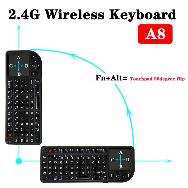 Mini rato e teclado sem fios A8 com teclado touchpad laser, retroiluminação branca em inglês, retroiluminação colorida em inglês
