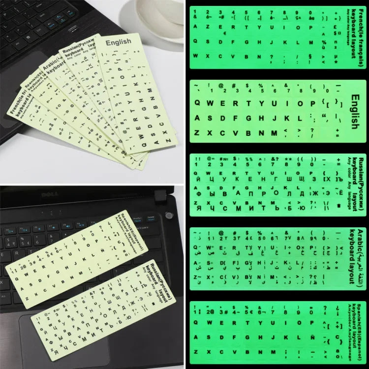 3 autocolantes luminosos para teclado para computador portátil e de secretária, autocolantes para teclado em inglês, árabe, russo com letras pretas, inglês, italiano, alemão, espanhol, japonês, francês, coreano, hebraico, tailandês