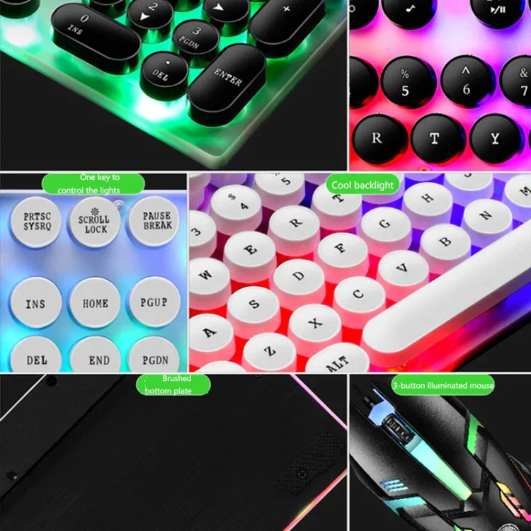 Teclado com rato com fios USB LIMEIDE GTX300, 104 teclas, teclas redondas retro, comprimento do cabo: 1,4 m, teclado punk simples branco, teclado punk simples preto, conjunto punk branco, conjunto punk preto
