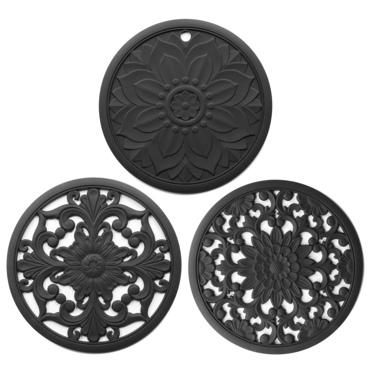 Conjunto de 3 em 1 de almofadas isolantes de silicone com flores vazadas, anti-queimaduras para panelas e tigelas, preto, amarelo, azul, verde, roxo, cinzento