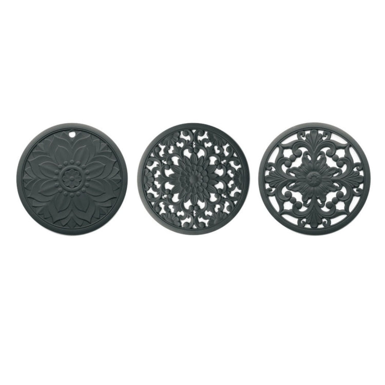 Conjunto de 3 em 1 de almofadas isolantes de silicone com flores vazadas, anti-queimaduras para panelas e tigelas, preto, amarelo, azul, verde, roxo, cinzento