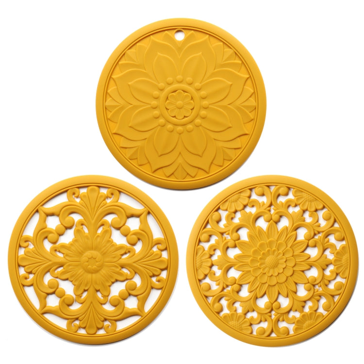 Conjunto de 3 em 1 de almofadas isolantes de silicone com flores vazadas, anti-queimaduras para panelas e tigelas, preto, amarelo, azul, verde, roxo, cinzento