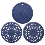Conjunto de 3 em 1 de almofadas isolantes de silicone com flores vazadas, anti-queimaduras para panelas e tigelas, preto, amarelo, azul, verde, roxo, cinzento