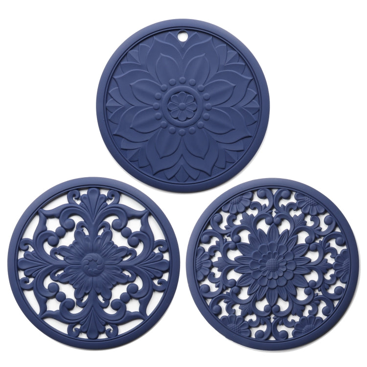 Conjunto de 3 em 1 de almofadas isolantes de silicone com flores vazadas, anti-queimaduras para panelas e tigelas, preto, amarelo, azul, verde, roxo, cinzento