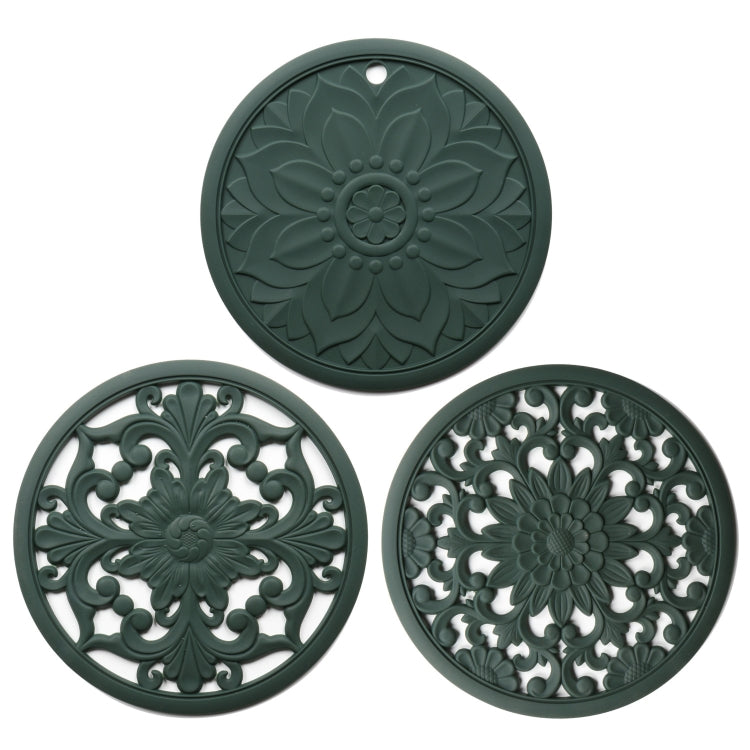 Conjunto de 3 em 1 de almofadas isolantes de silicone com flores vazadas, anti-queimaduras para panelas e tigelas, preto, amarelo, azul, verde, roxo, cinzento