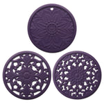 Conjunto de 3 em 1 de almofadas isolantes de silicone com flores vazadas, anti-queimaduras para panelas e tigelas, preto, amarelo, azul, verde, roxo, cinzento
