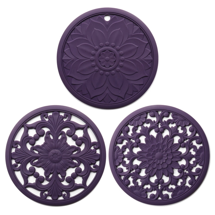 Conjunto de 3 em 1 de almofadas isolantes de silicone com flores vazadas, anti-queimaduras para panelas e tigelas, preto, amarelo, azul, verde, roxo, cinzento