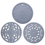 Conjunto de 3 em 1 de almofadas isolantes de silicone com flores vazadas, anti-queimaduras para panelas e tigelas, preto, amarelo, azul, verde, roxo, cinzento