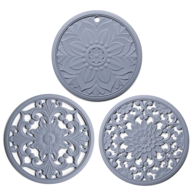 Conjunto de 3 em 1 de almofadas isolantes de silicone com flores vazadas, anti-queimaduras para panelas e tigelas, preto, amarelo, azul, verde, roxo, cinzento