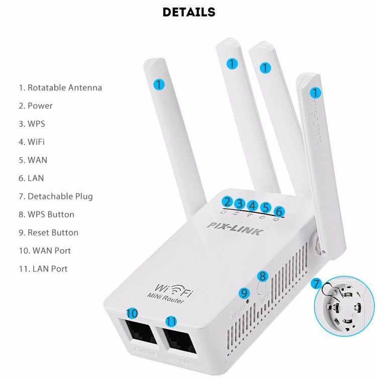 PIX-LINK LV-WR09 Extensor de Alcance WiFi 300Mbps Repetidor Mini Roteador, Ficha US, Ficha EU, Ficha UK, Ficha AU
