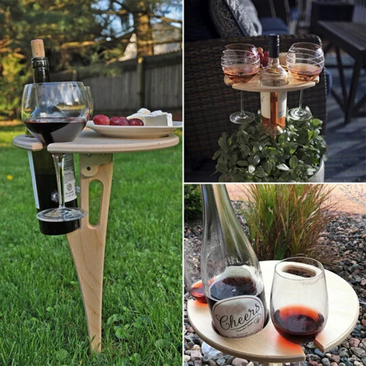 Suporte de Vinho Dobrável de Jardim em Madeira, Suporte de Vinho para Piquenique ao Ar Livre, Mesa Dobrável, 20cm
