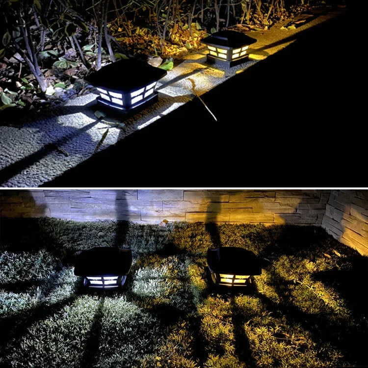 Lâmpada de Coluna Solar Exterior 4 polegadas Luz Branca + Luz Branca Quente Lâmpada de Jardim, Preto, Branco